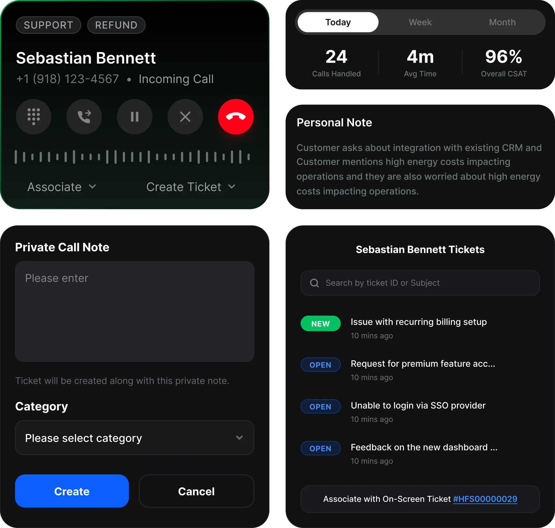 HappyFox call controls alongside private notes, ticket association, and agent activity