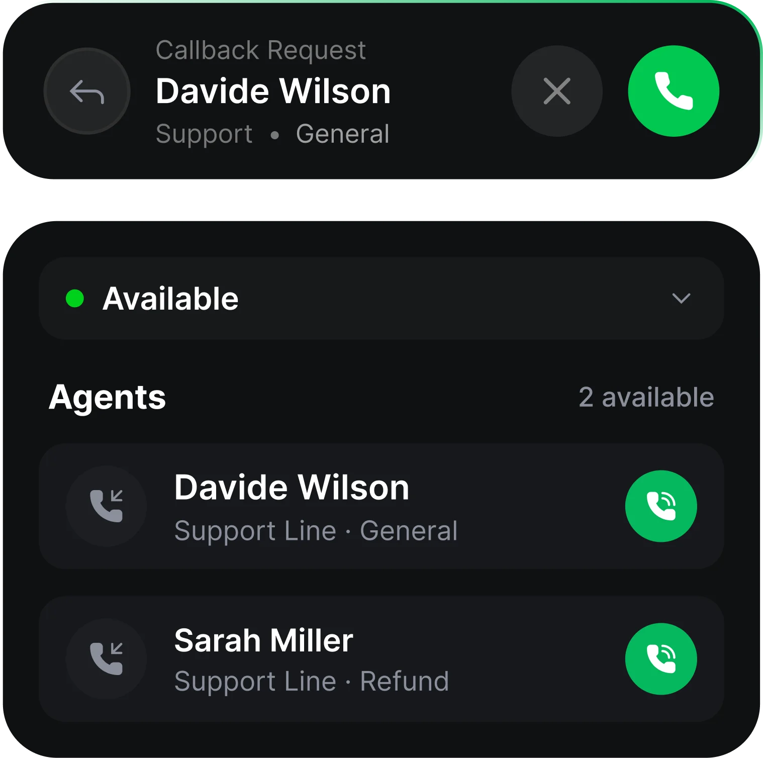 HappyFox callback request with available agents and call controls