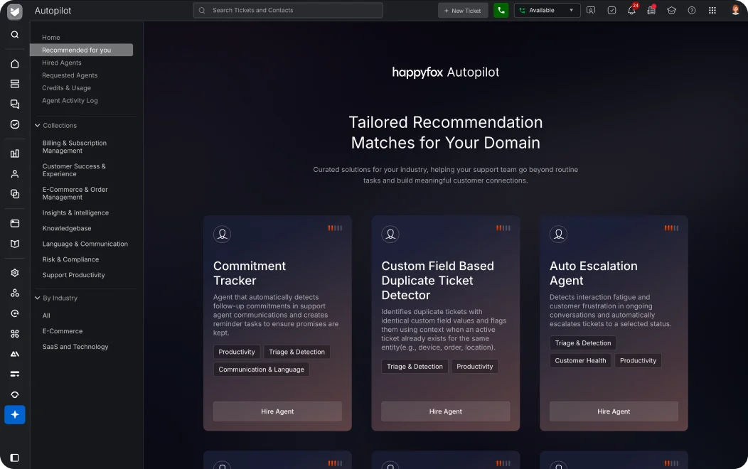 HappyFox Autopilot recommended agents for commitment tracking, duplicate detection and escalation