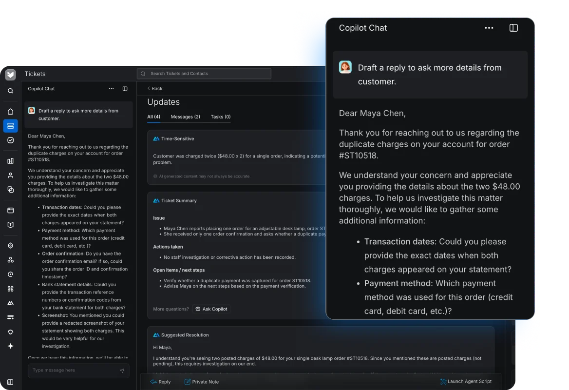 HappyFox AI Copilot drafting a support reply within a ticket