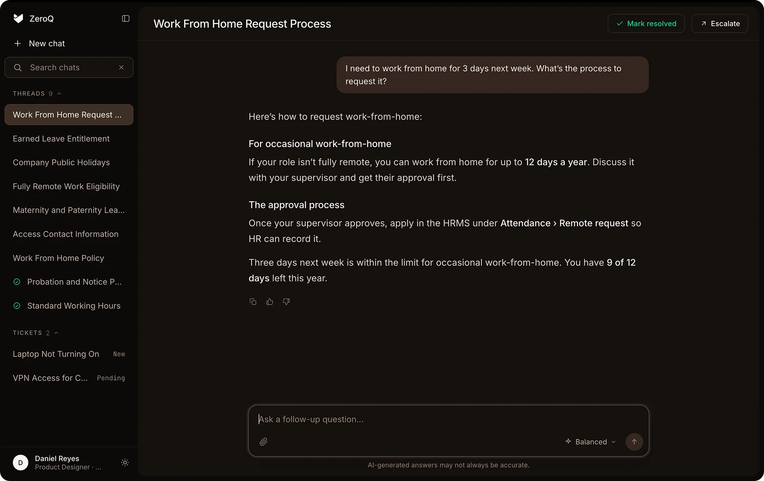 ZeroQ answers an employee question about requesting work from home