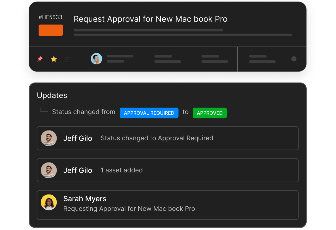 HappyFox Approval ticket and audit trail showing status changes and approver updates