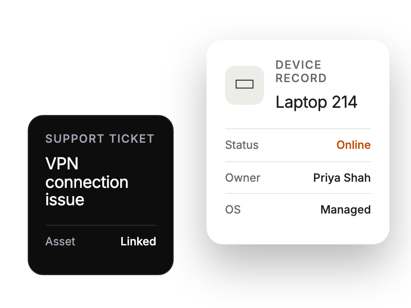 Support ticket beside a device record with status and owner context.