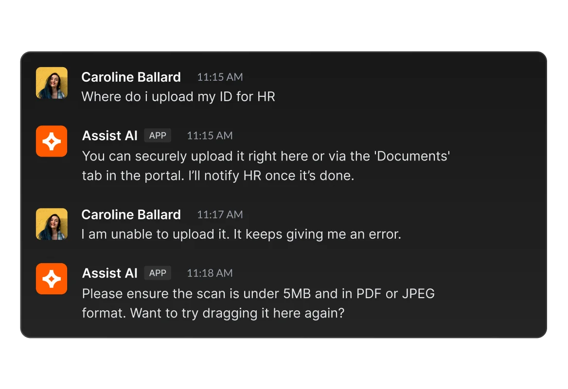 Assist AI answering a follow-up HR question from connected organizational knowledge