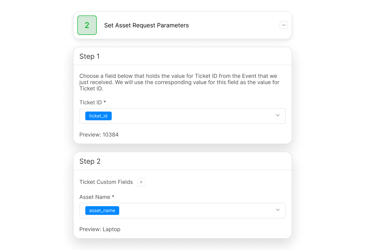 HappyFox Workflow action extracting and mapping an asset name from request data