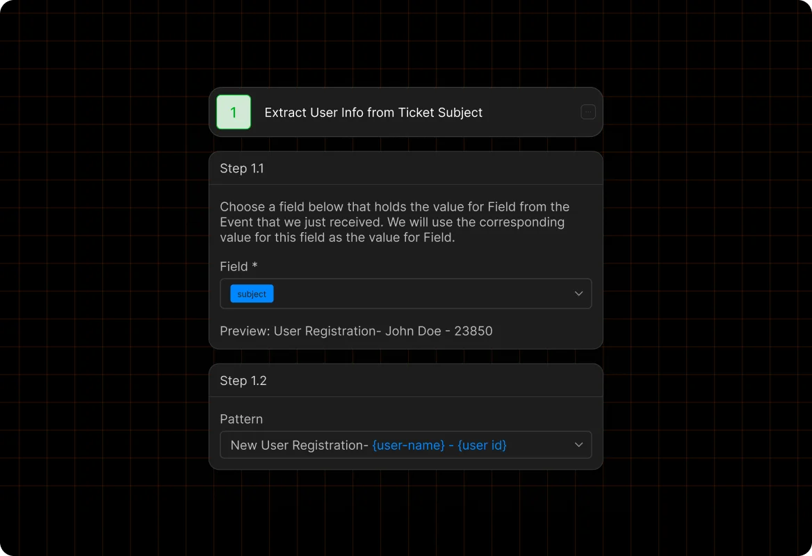 HappyFox Workflow extracting user information from a ticket subject