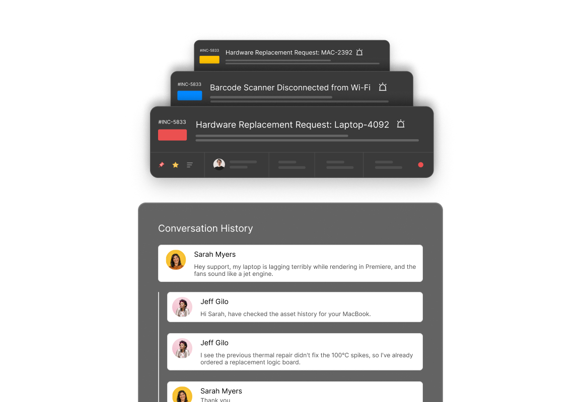 Conceptual illustration: HappyFox asset context connected to a support request