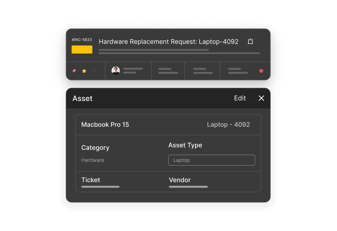 Conceptual illustration: HappyFox assets associated with support tickets