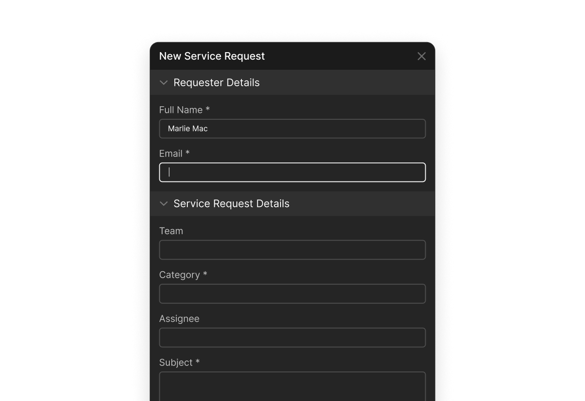 Conceptual illustration: HappyFox builder for a service-specific request form