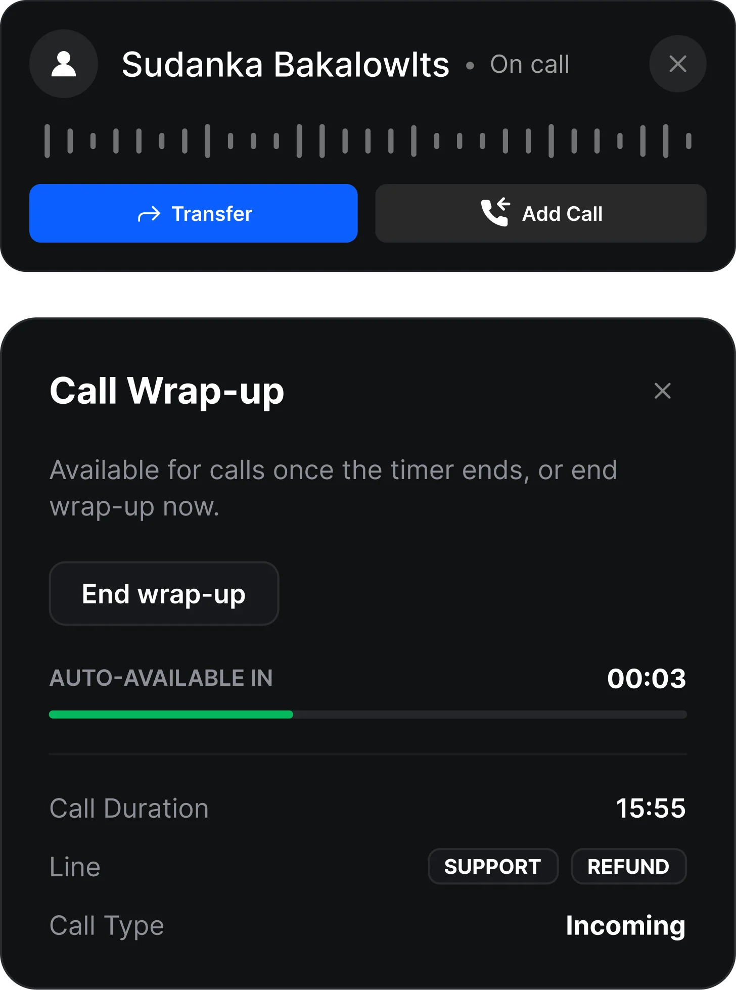 HappyFox AI Contact Center live call controls and post-call wrap-up details