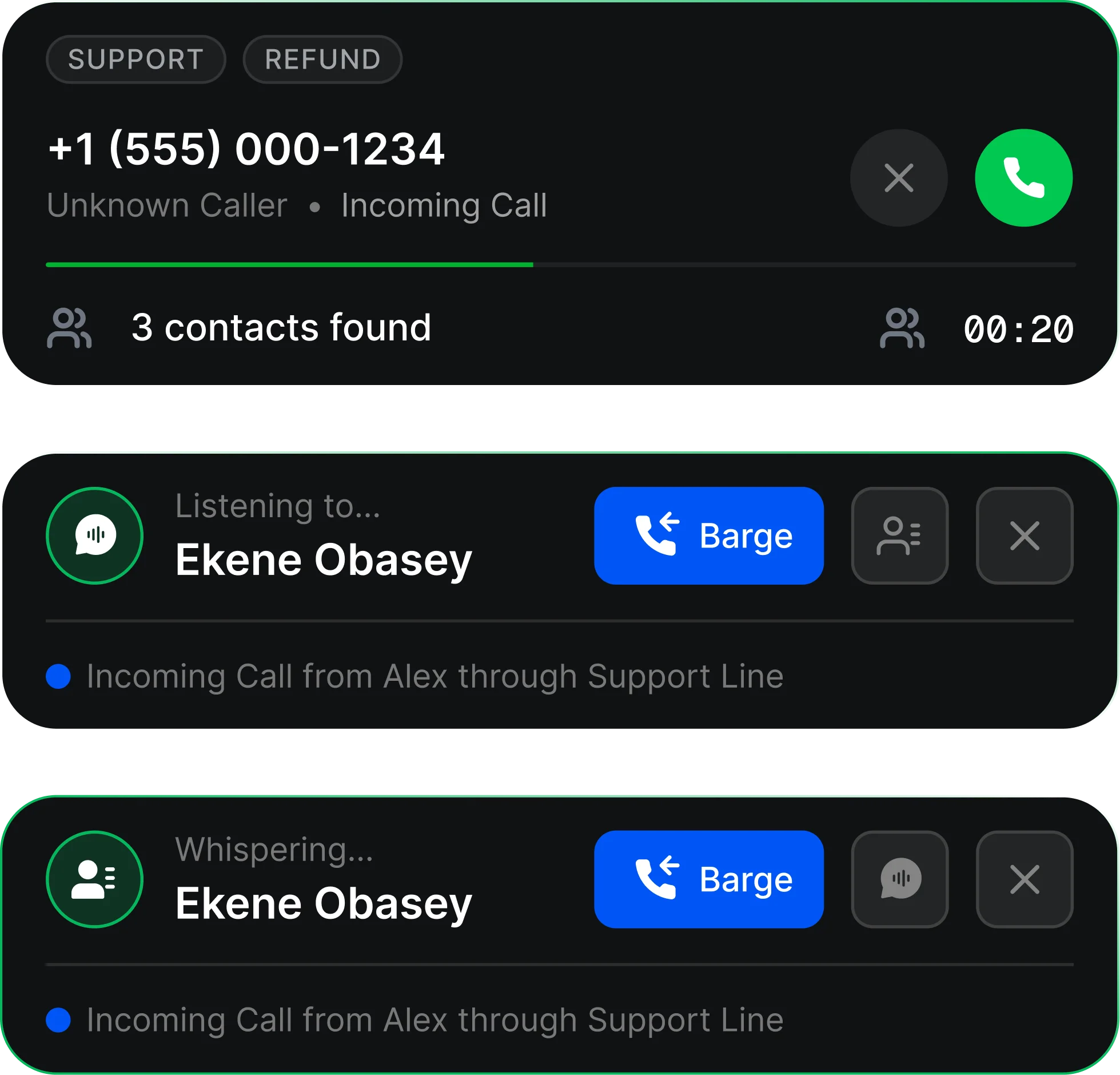 HappyFox AI Contact Center supervisor listening, whispering, and joining active calls