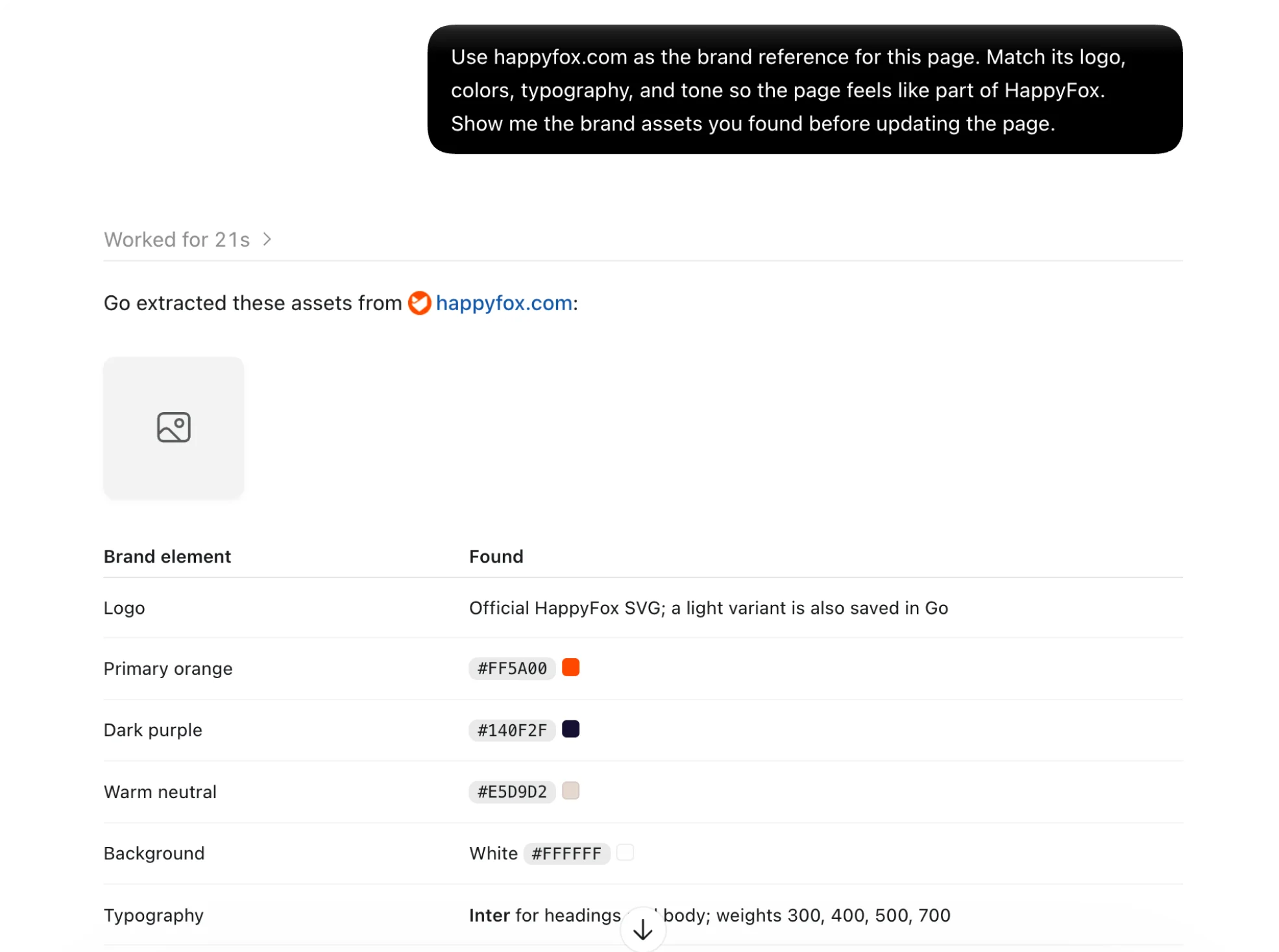 Go brand extraction summary showing HappyFox colors, logo reference, and typography