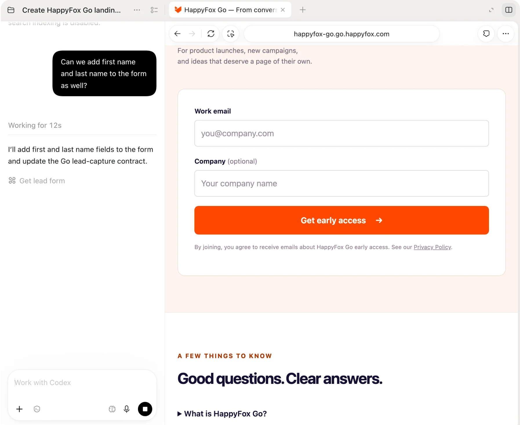 Conversation adding name fields alongside the Go landing-page preview