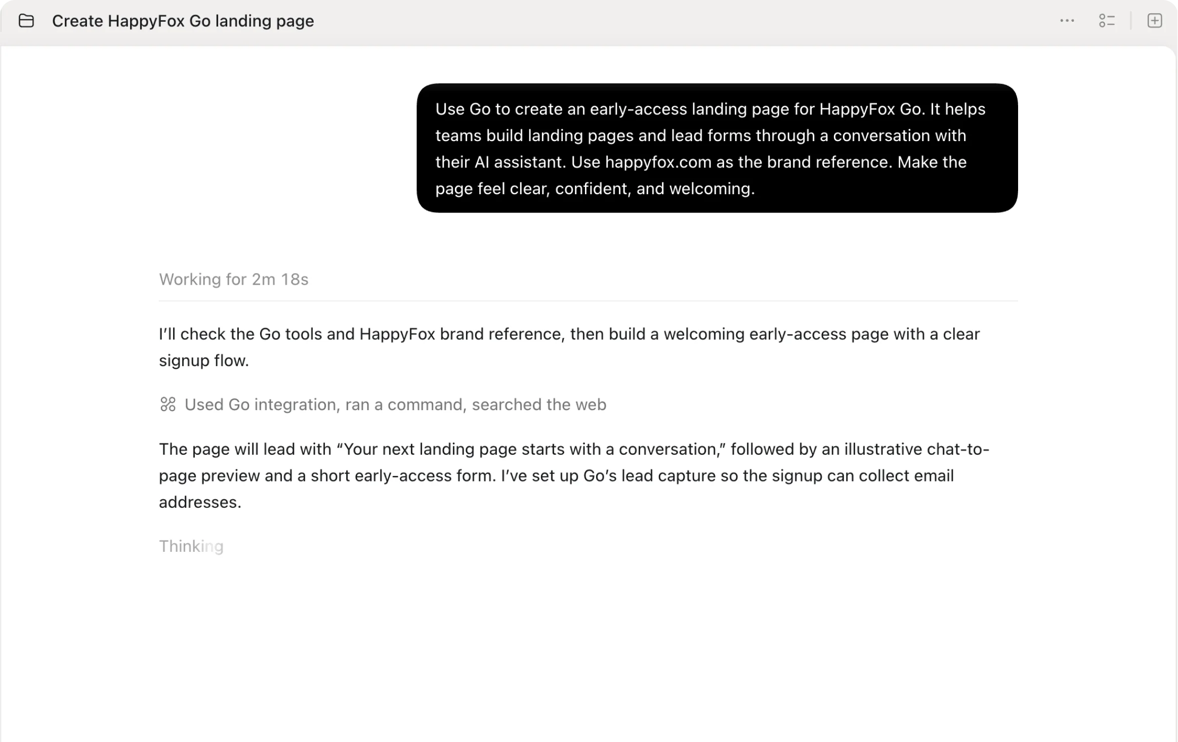 Conversation asking Go to create a HappyFox branded early-access page
