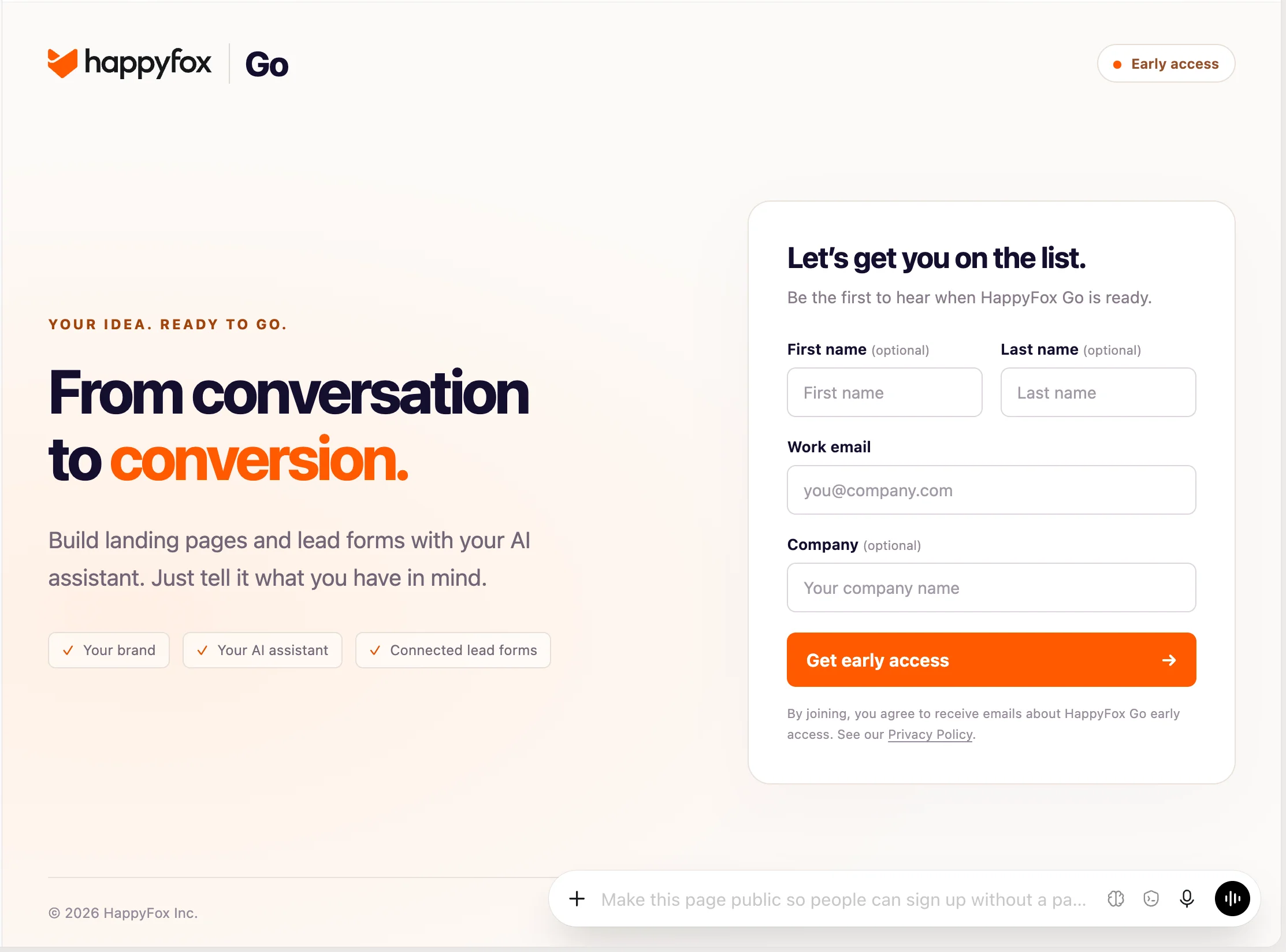 HappyFox Go branded early-access landing page with a signup form