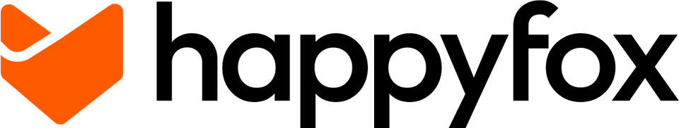 HappyFox black wordmark with orange symbol