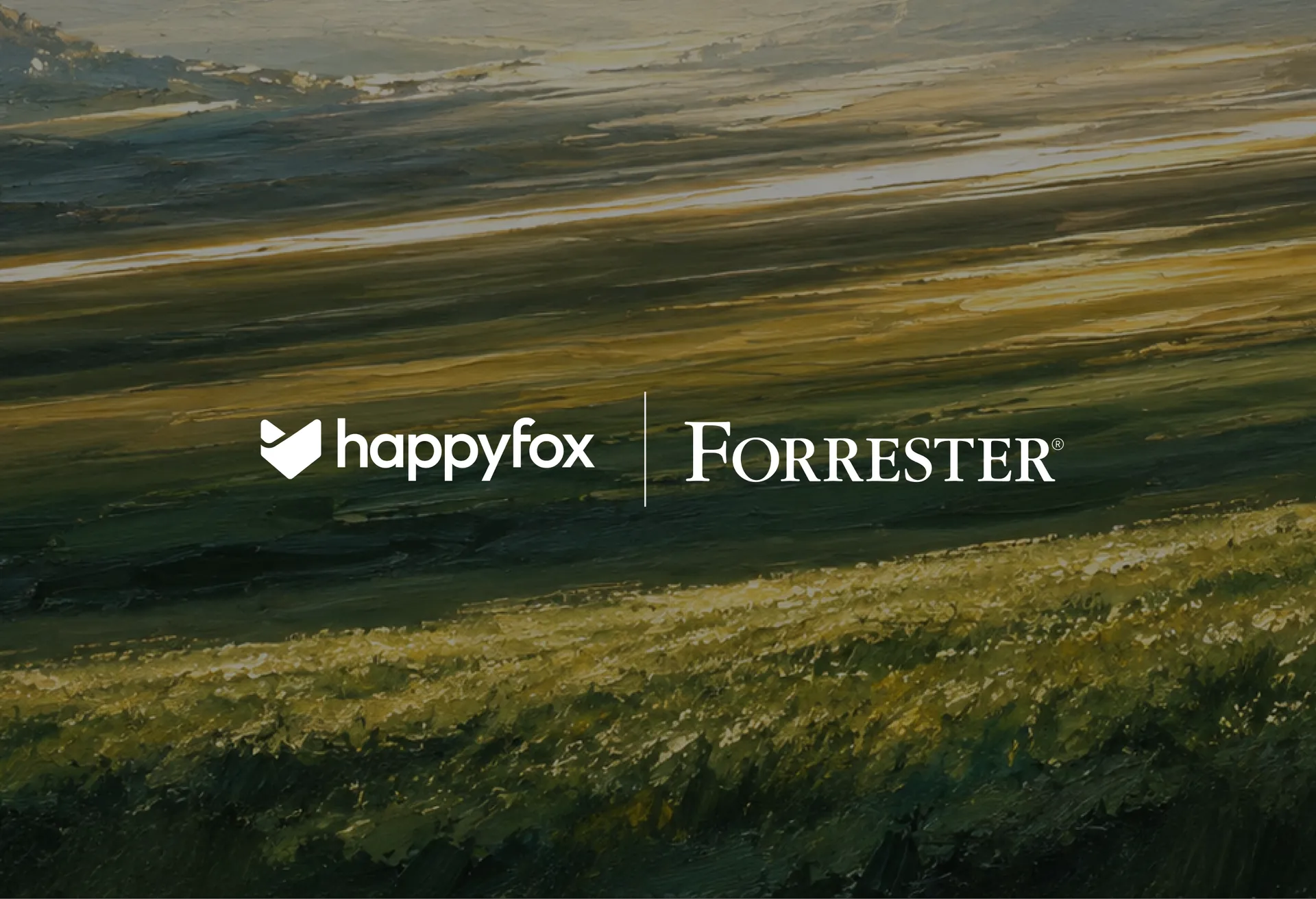 HappyFox and Forrester marks over an abstract green and gold painted landscape
