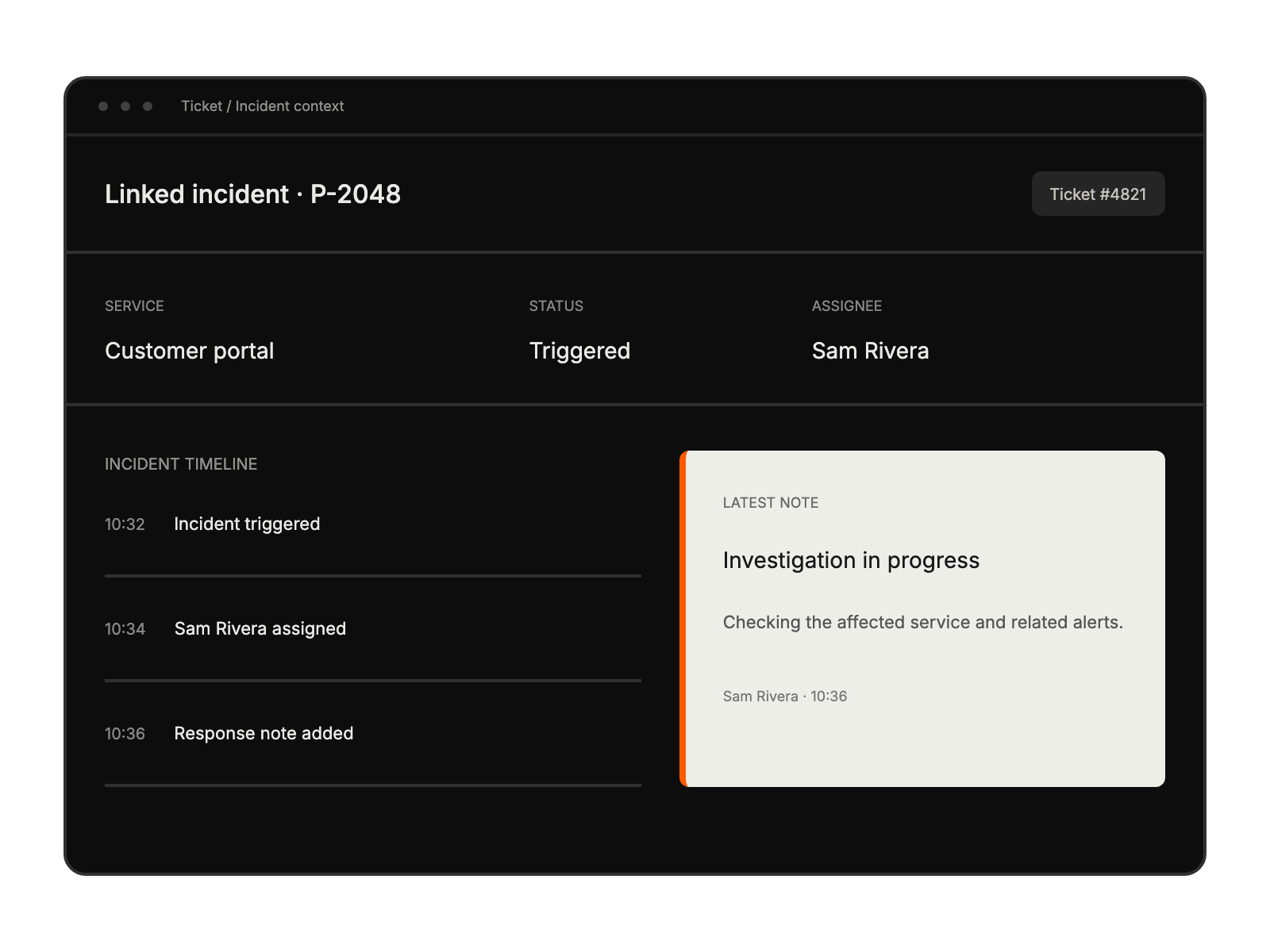 Linked incident context shows service, status, assignee, timeline and notes inside a support ticket.