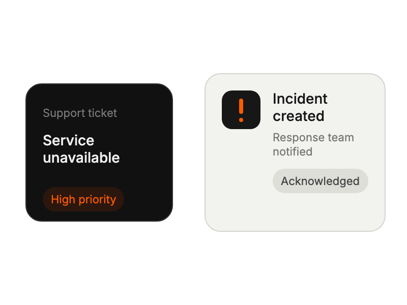High-priority support ticket beside an acknowledged incident.