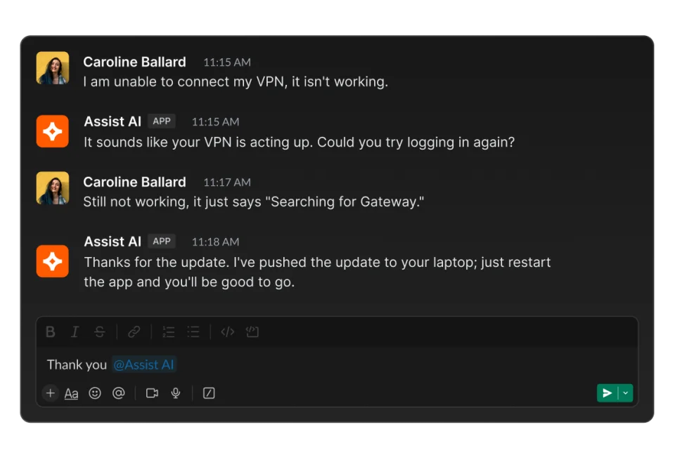Assist AI guiding an employee through a VPN support request
