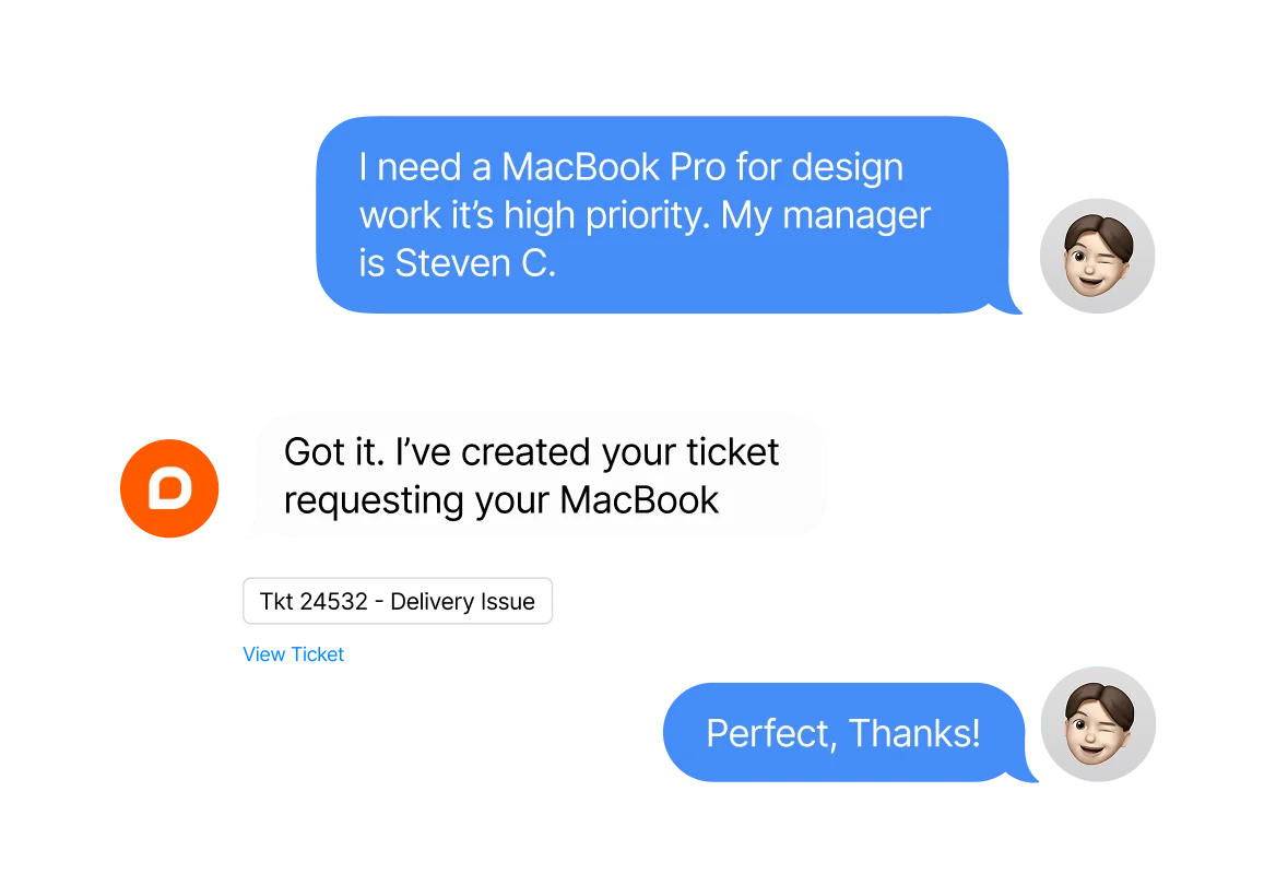 HappyFox Chatbot creating a trackable IT equipment request from a conversation