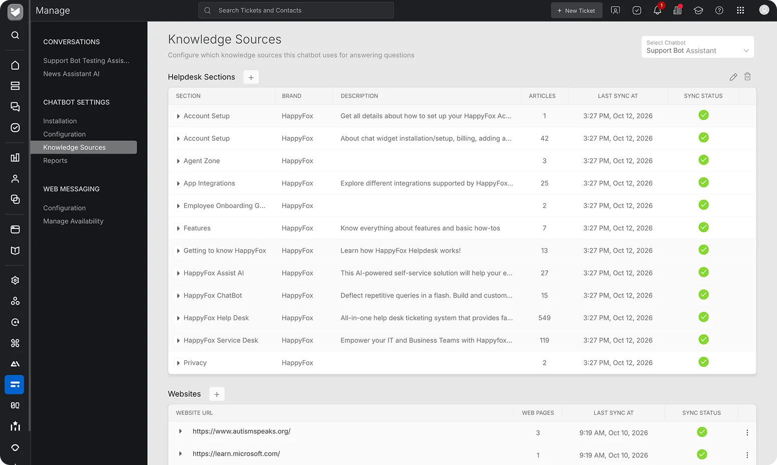 HappyFox knowledge sources with connected help desk sections and websites