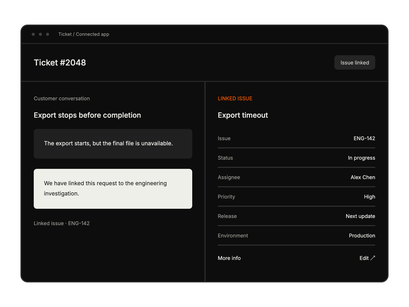 Support conversation beside linked issue details, including status, assignee and custom fields.