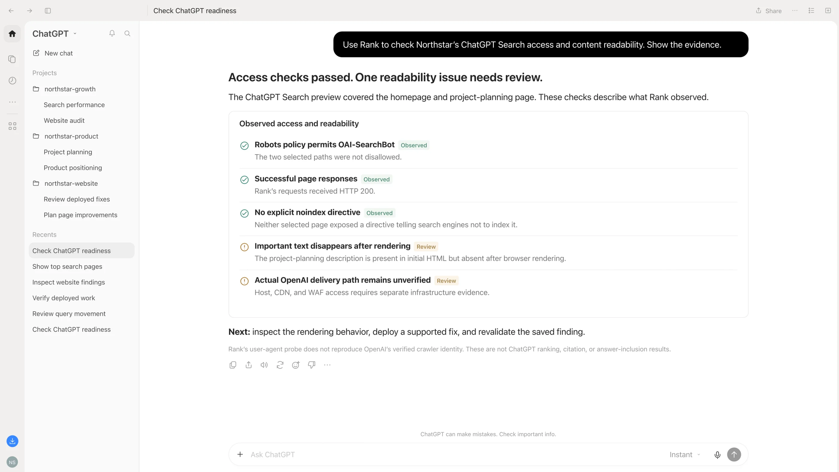 Illustrative Rank ChatGPT Search access and readability checks