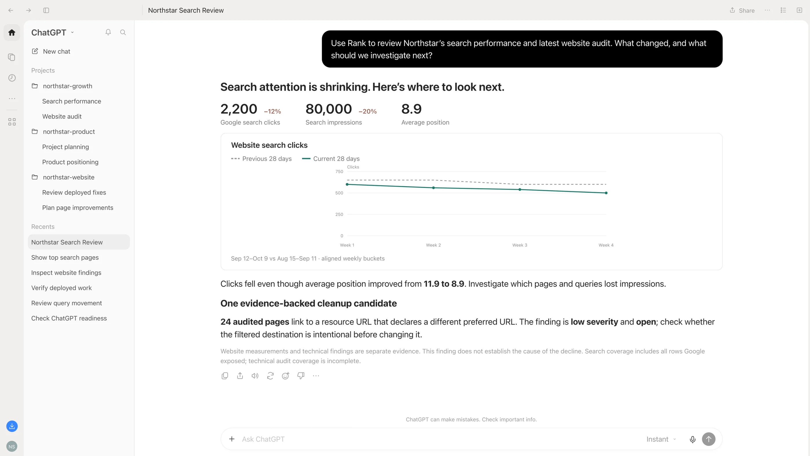 Illustrative Rank search review in ChatGPT for fictional Northstar data