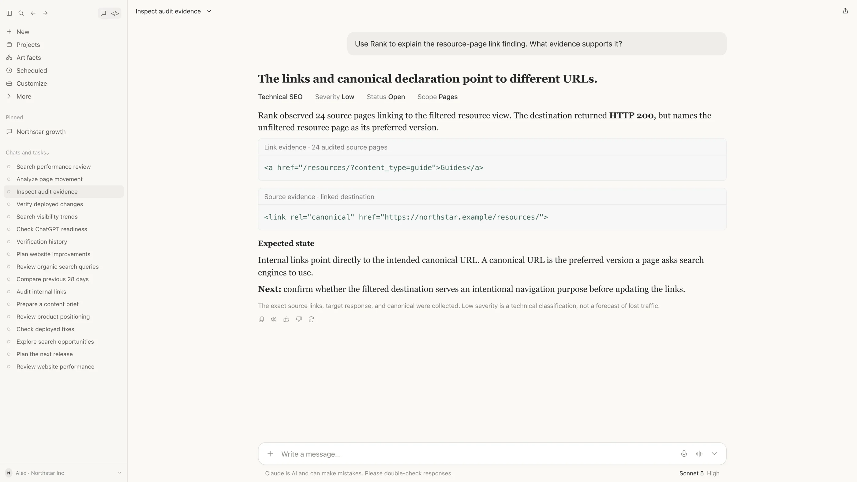 Illustrative Rank website finding in Claude with source evidence and canonical URL details