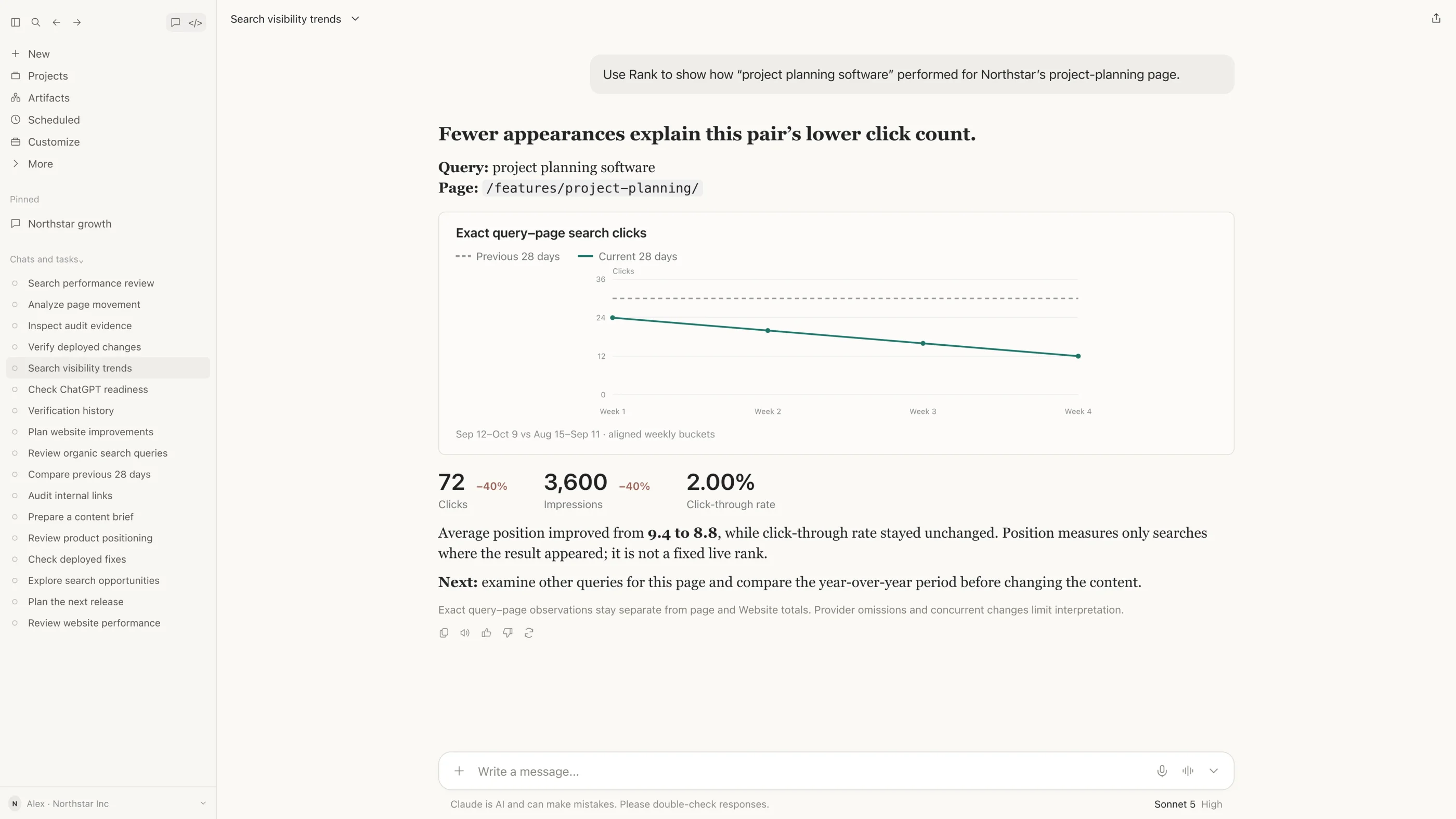 Illustrative Rank query-and-page search visibility comparison in Claude