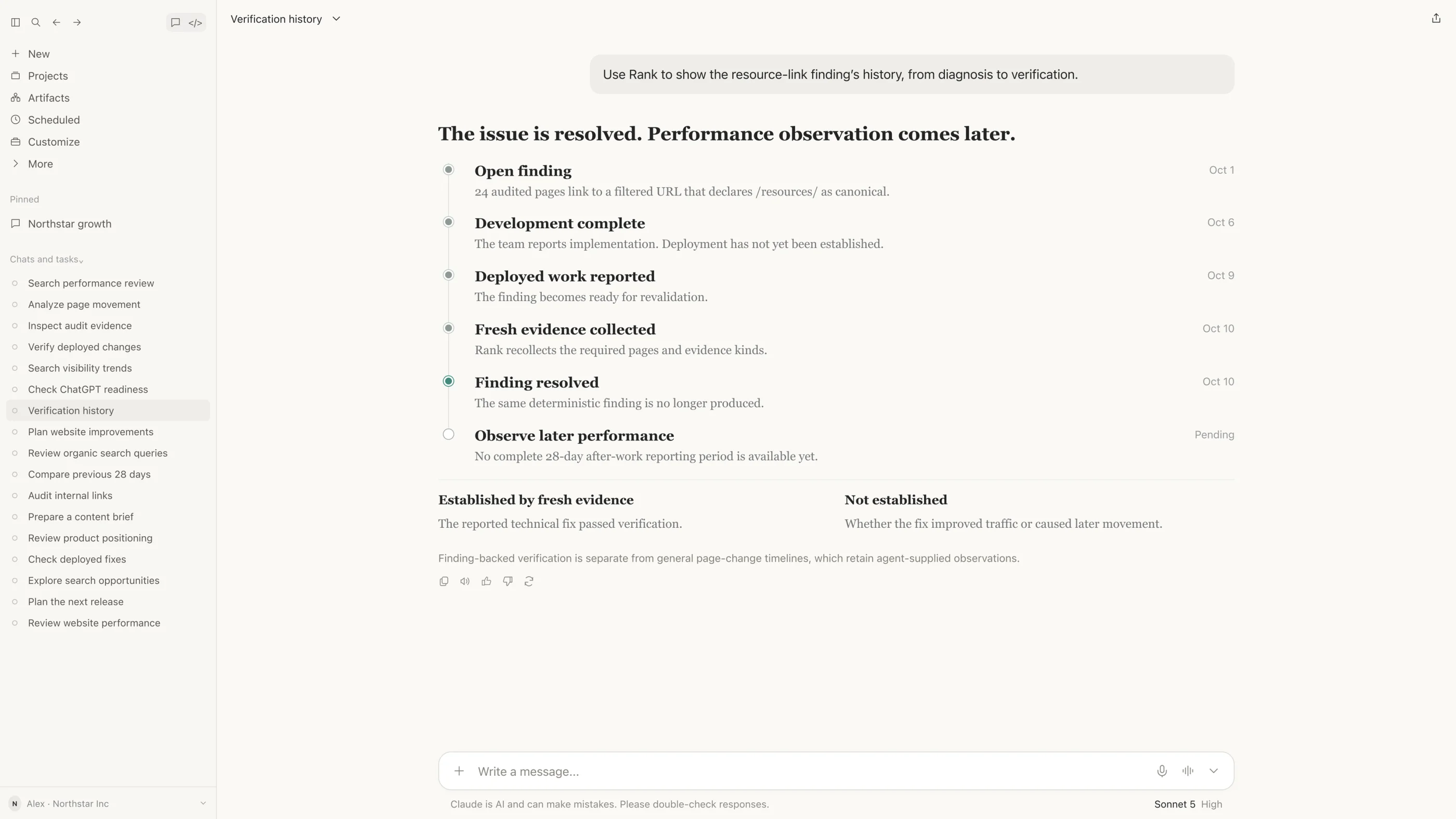 Illustrative Rank finding history in Claude from diagnosis through verification