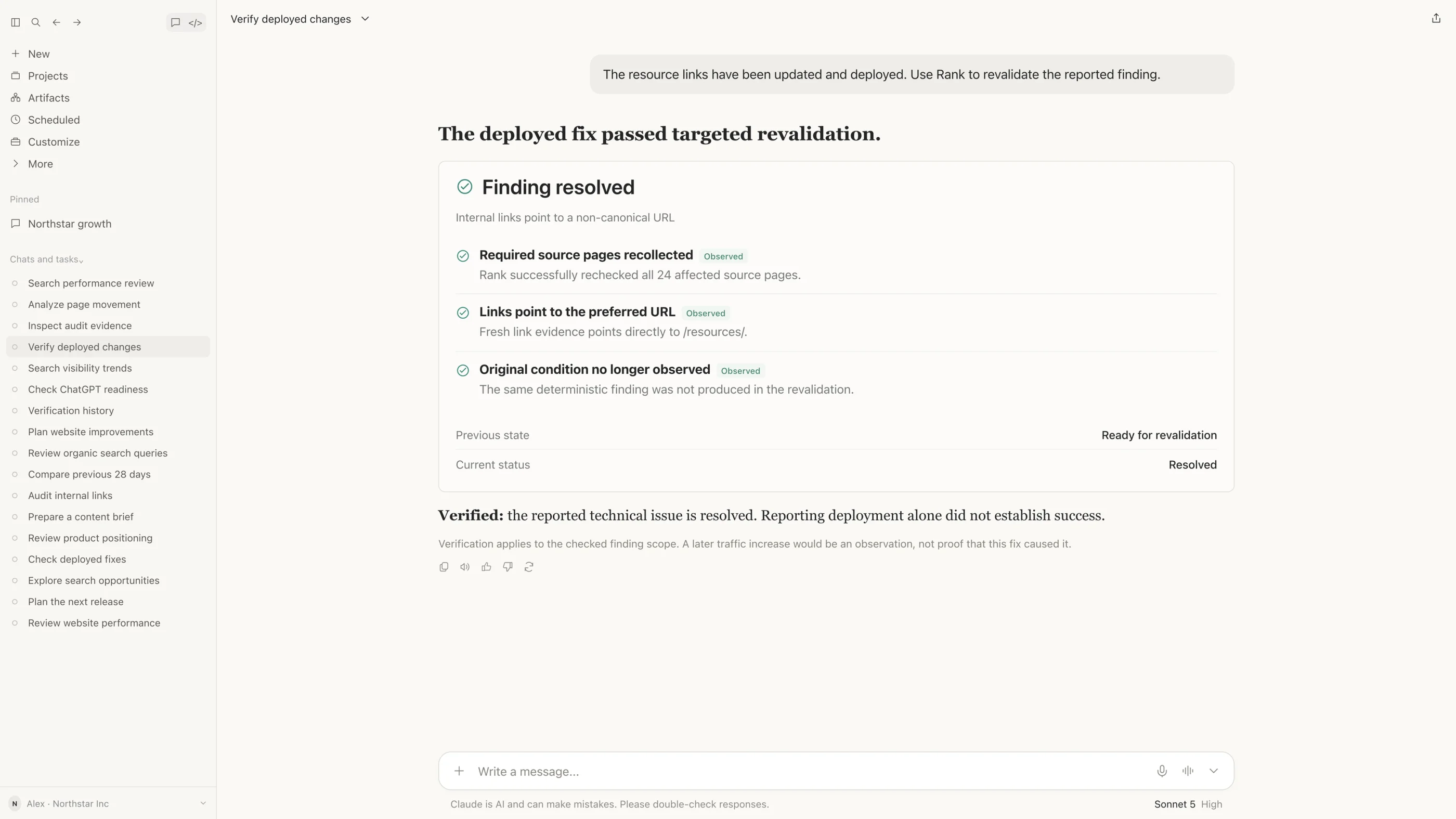 Illustrative Rank revalidation in Claude showing a resolved website finding