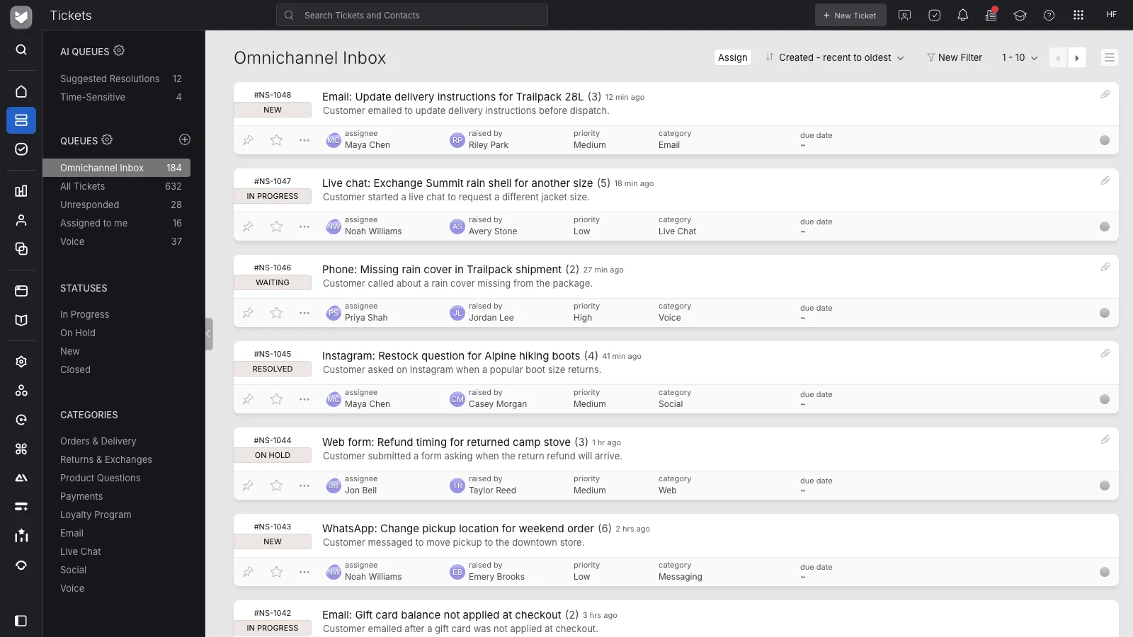HappyFox omnichannel inbox with email, live chat, phone, Instagram, web, and WhatsApp tickets