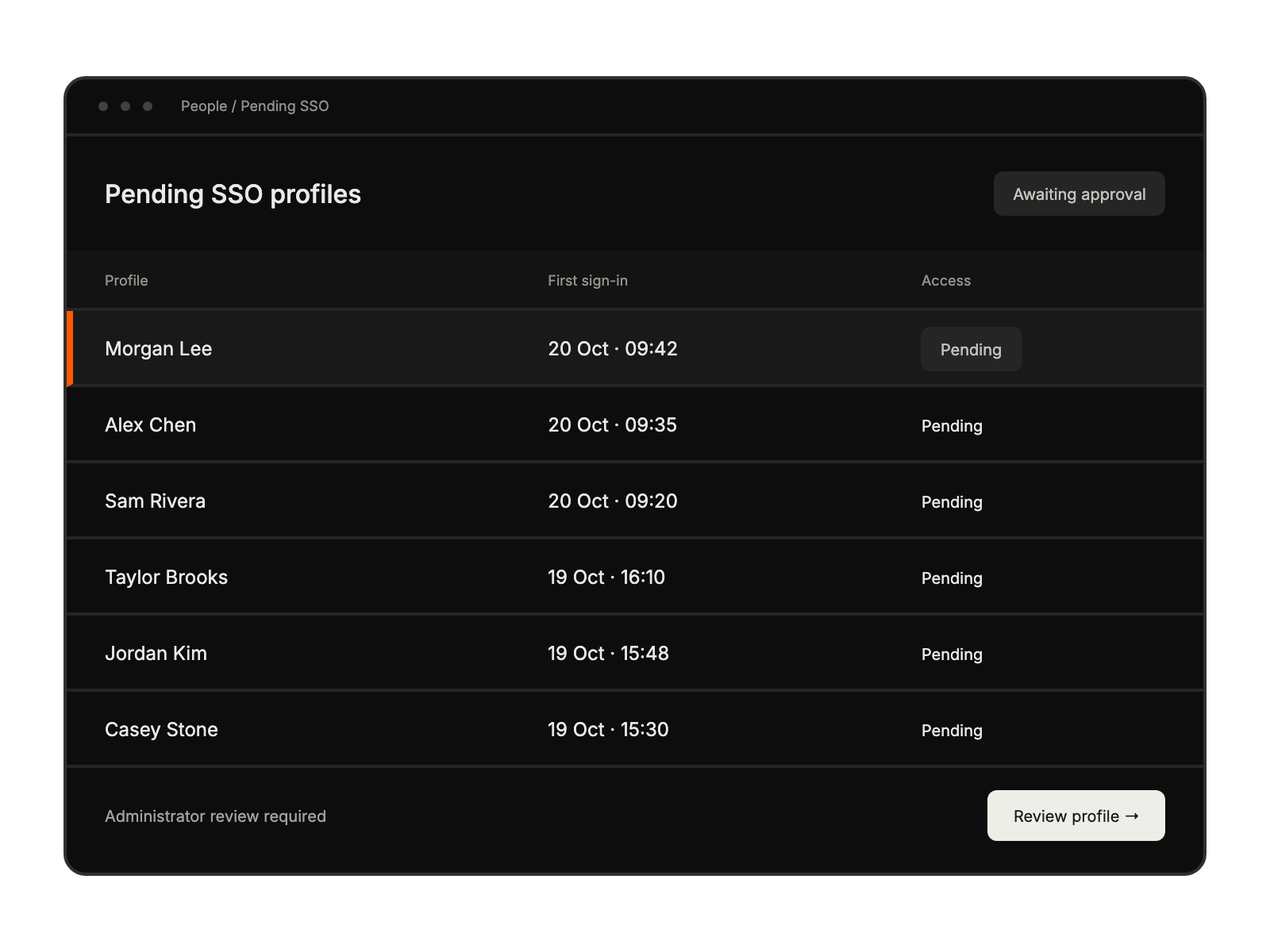 Pending SSO identities awaiting administrator approval, with a selected profile ready for review.