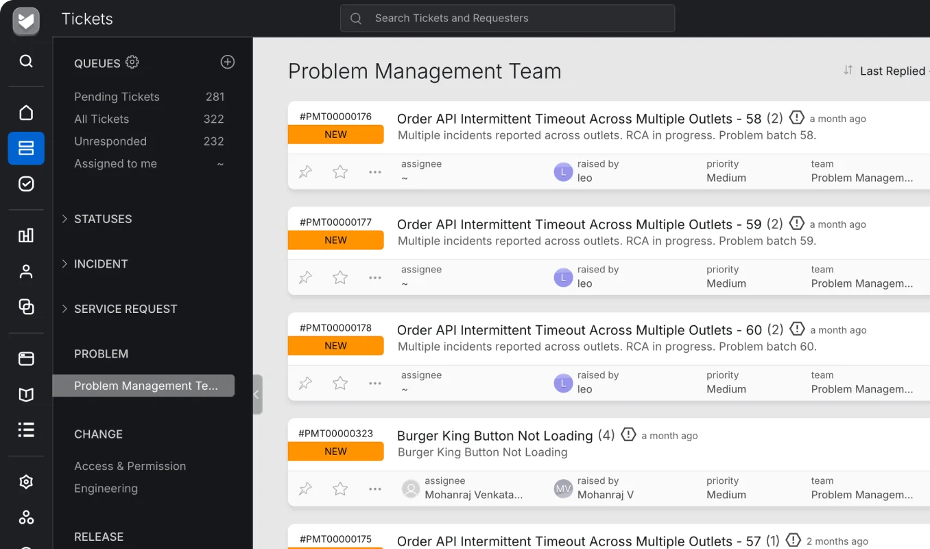 HappyFox Service Desk Problem Management Team queue with recurring incidents and priorities