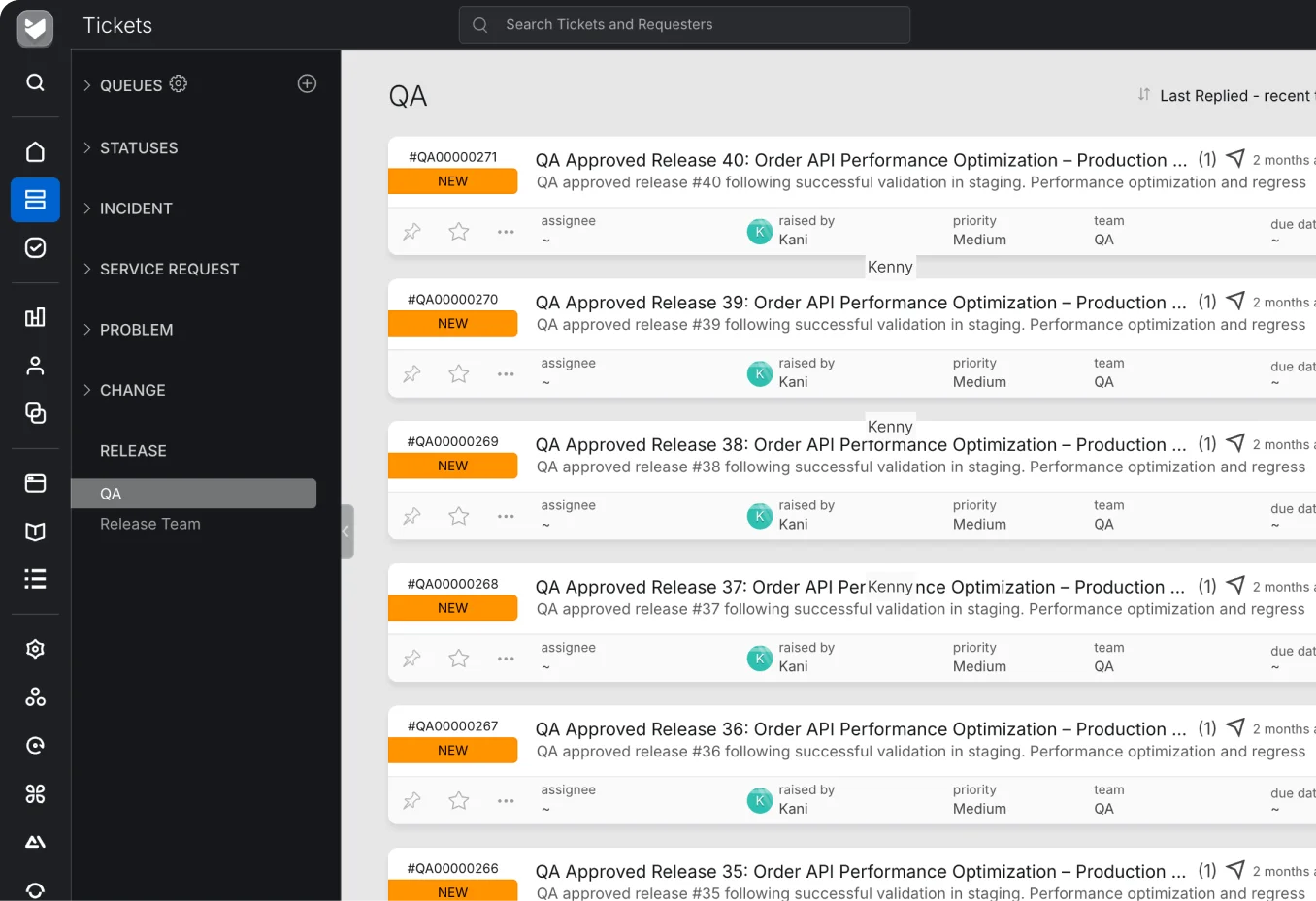 HappyFox Service Desk QA queue with approved release tickets and release teams