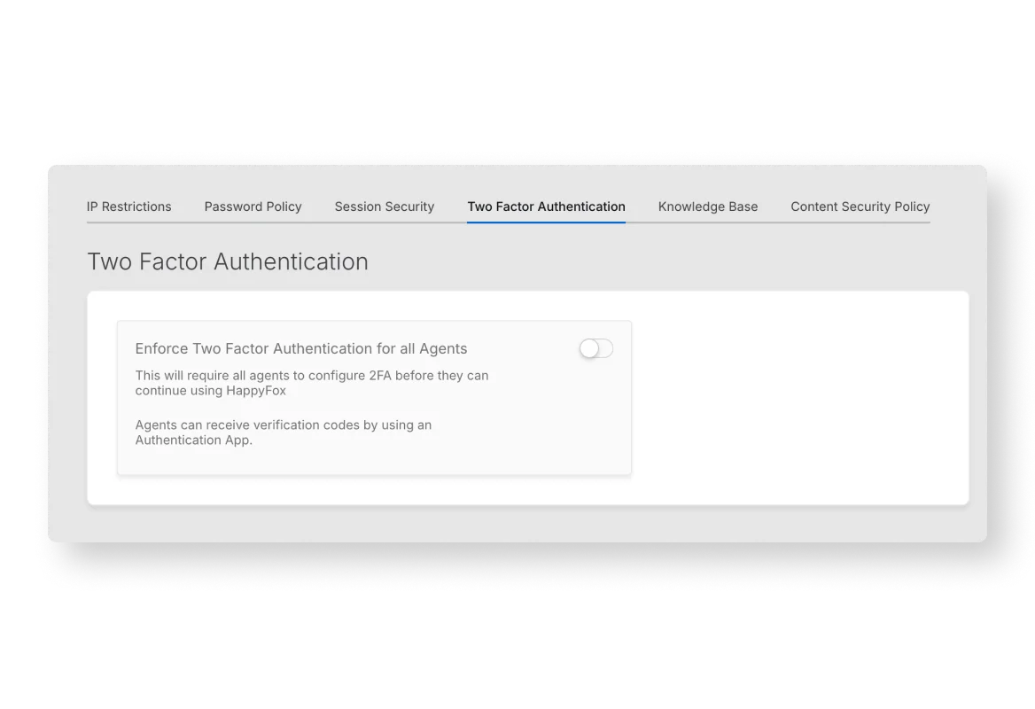 HappyFox security settings with IP restrictions, password policy, session security, and two-factor authentication controls