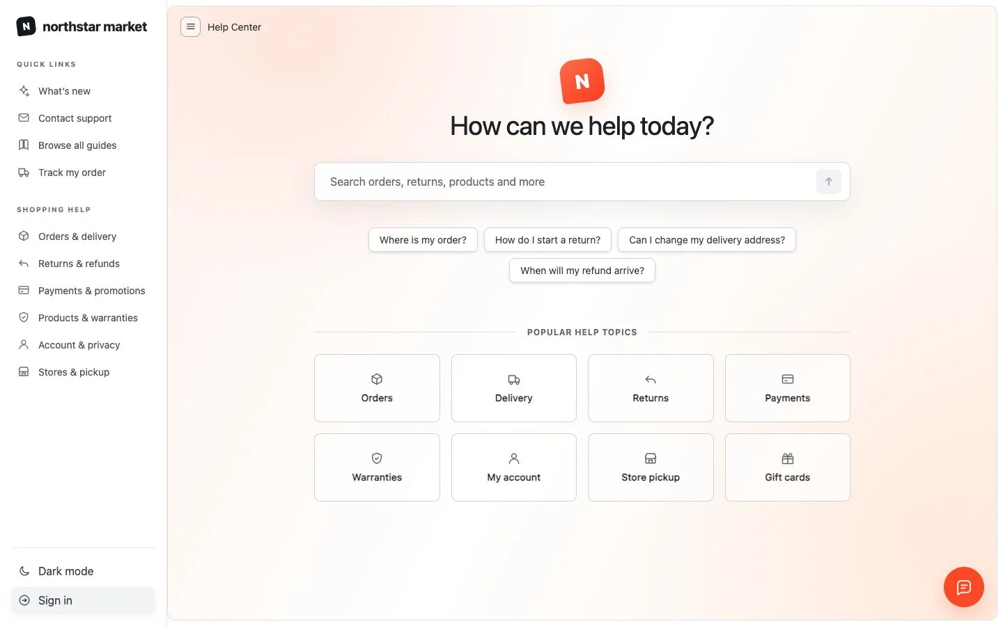 Northstar Market self-service knowledge base with search and ecommerce help topics
