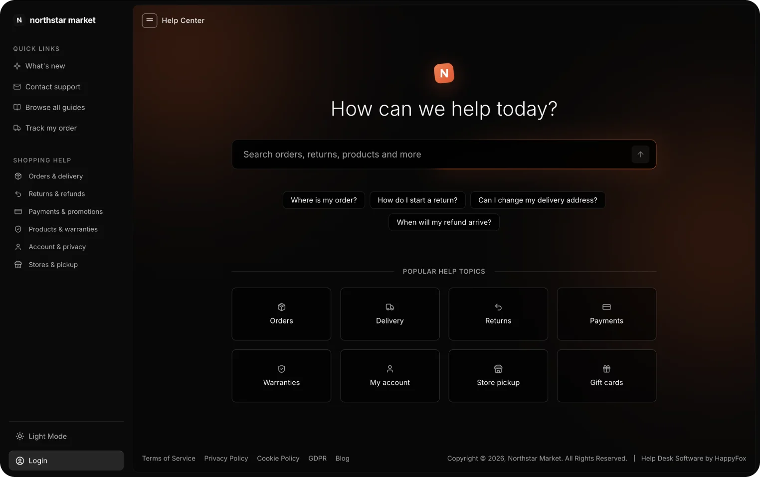 HappyFox self-service help center with search and common support topics