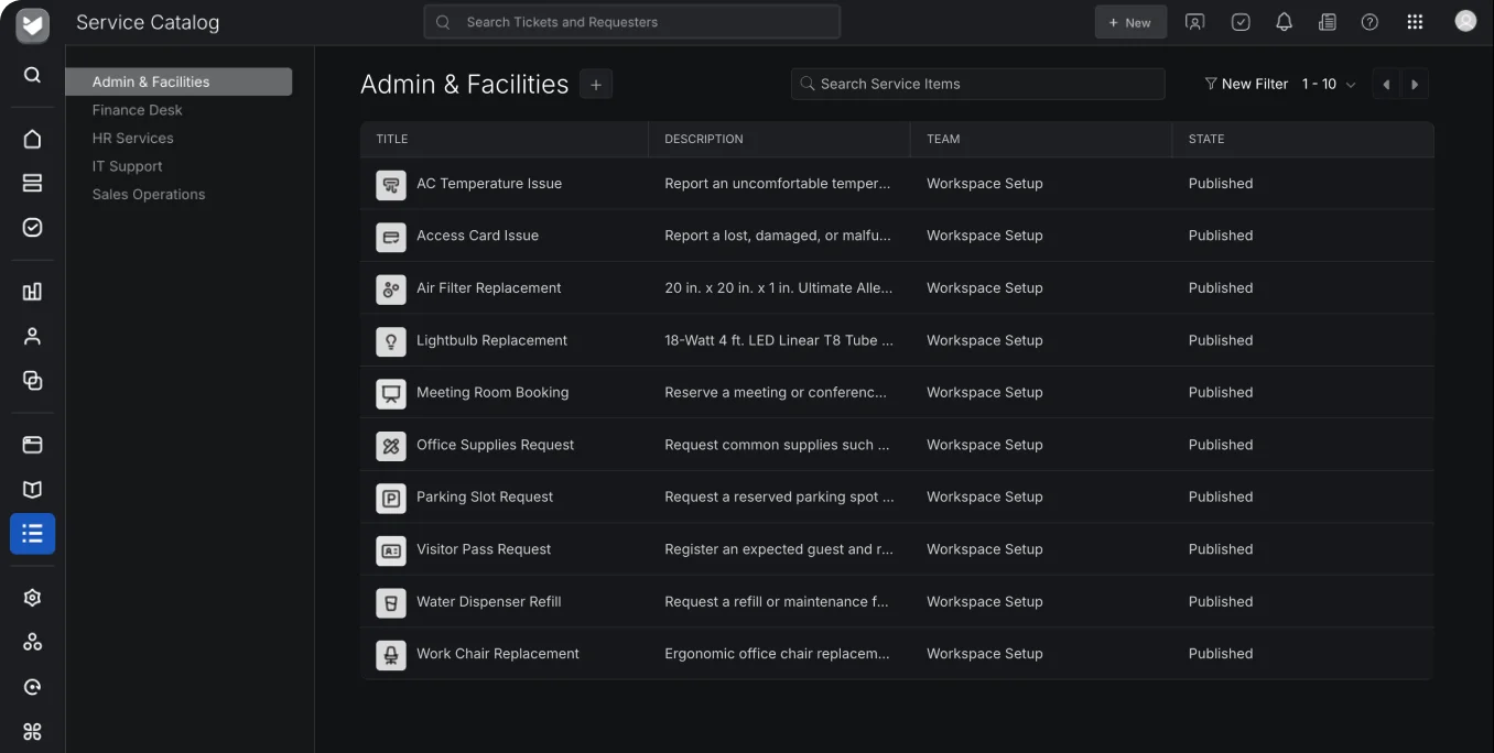 HappyFox Service Desk service catalog with department categories and published service offerings