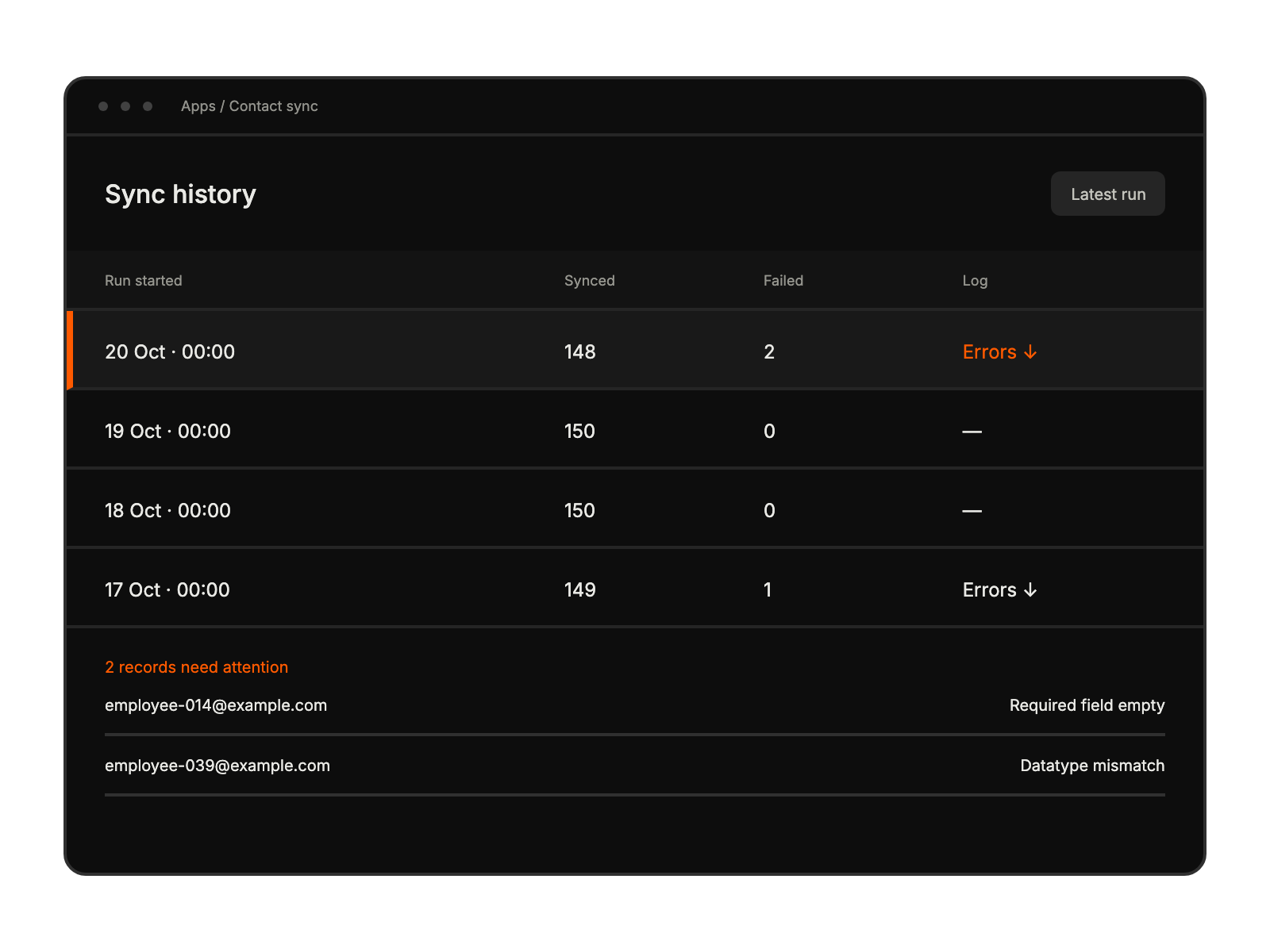 Sync history showing successful and failed record counts with an error log download.