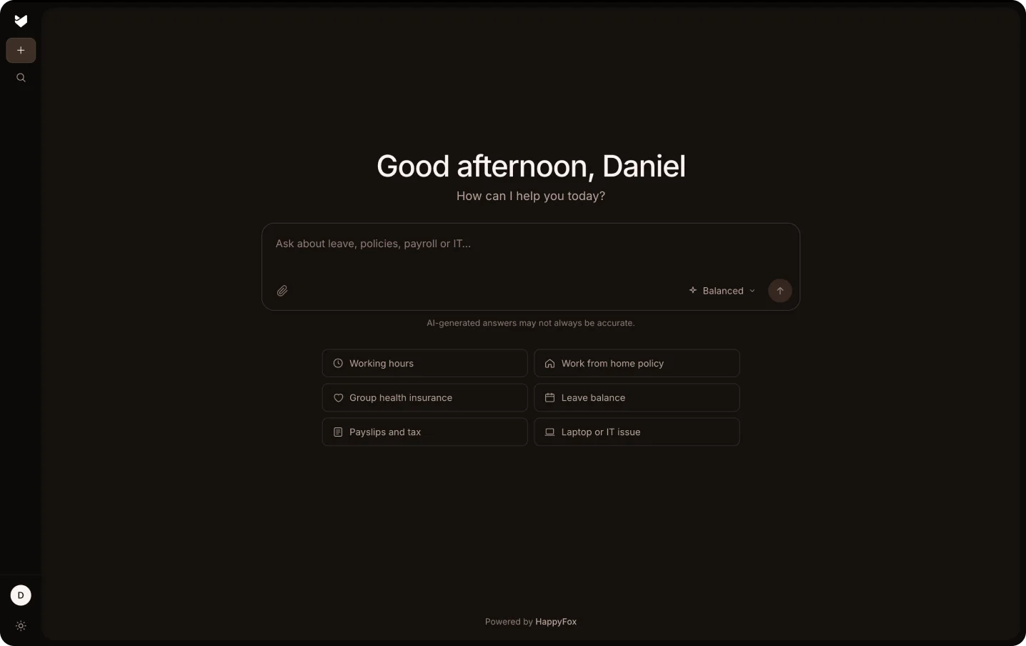 ZeroQ employee support home with suggested questions about policies, payroll and IT