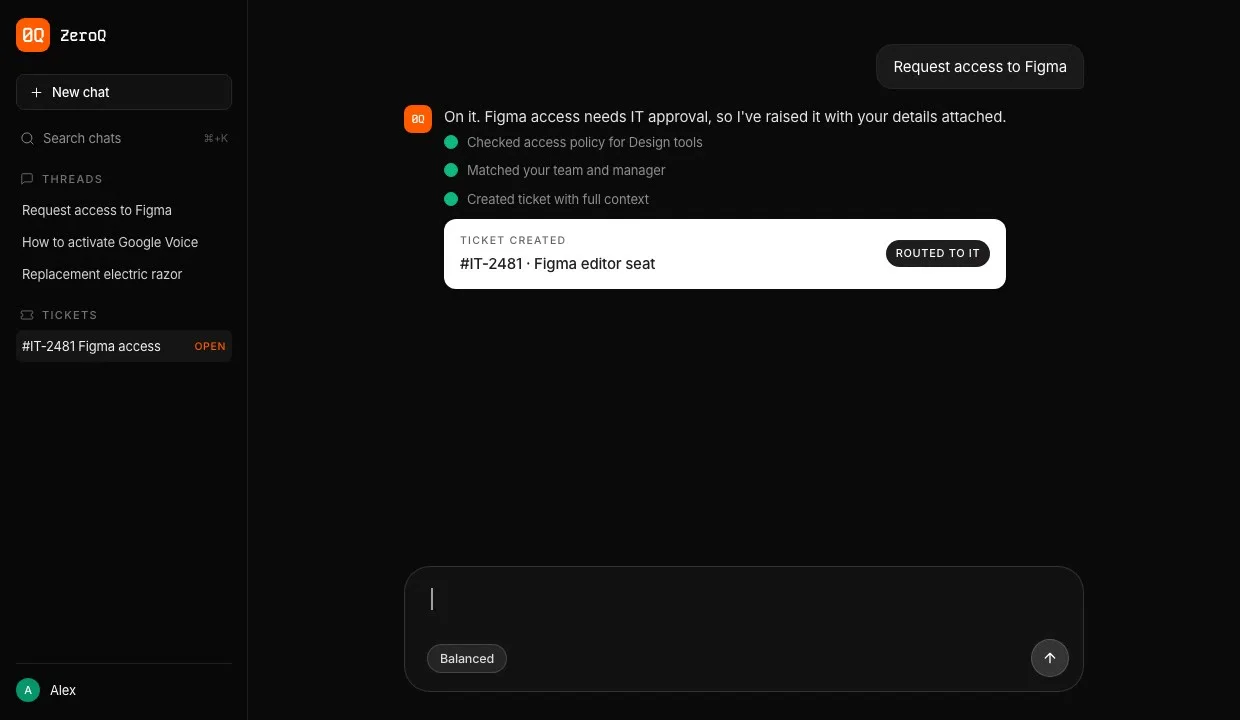 Illustrated ZeroQ demo: workplace answers, access requests, and ticket handoffs