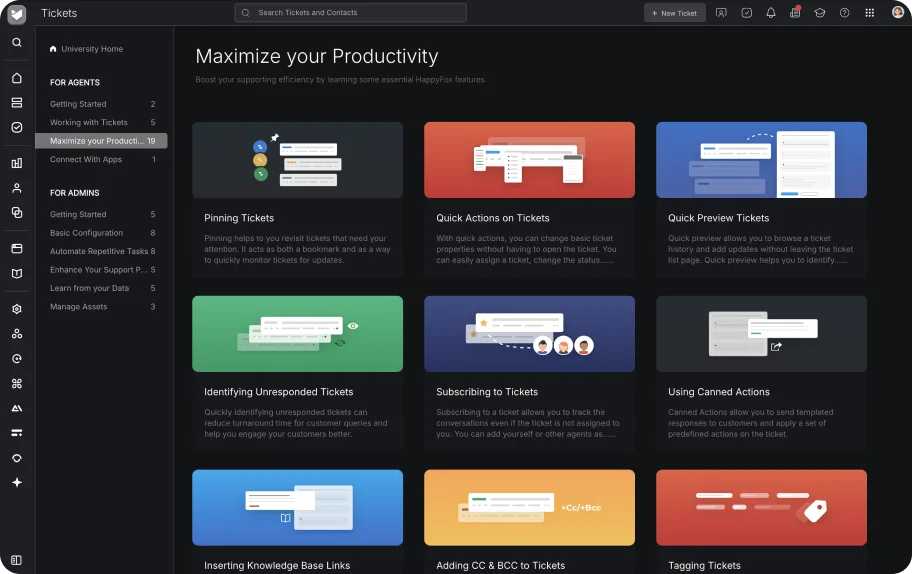 HappyFox University with agent training topics for ticket productivity, quick actions, and response workflows
