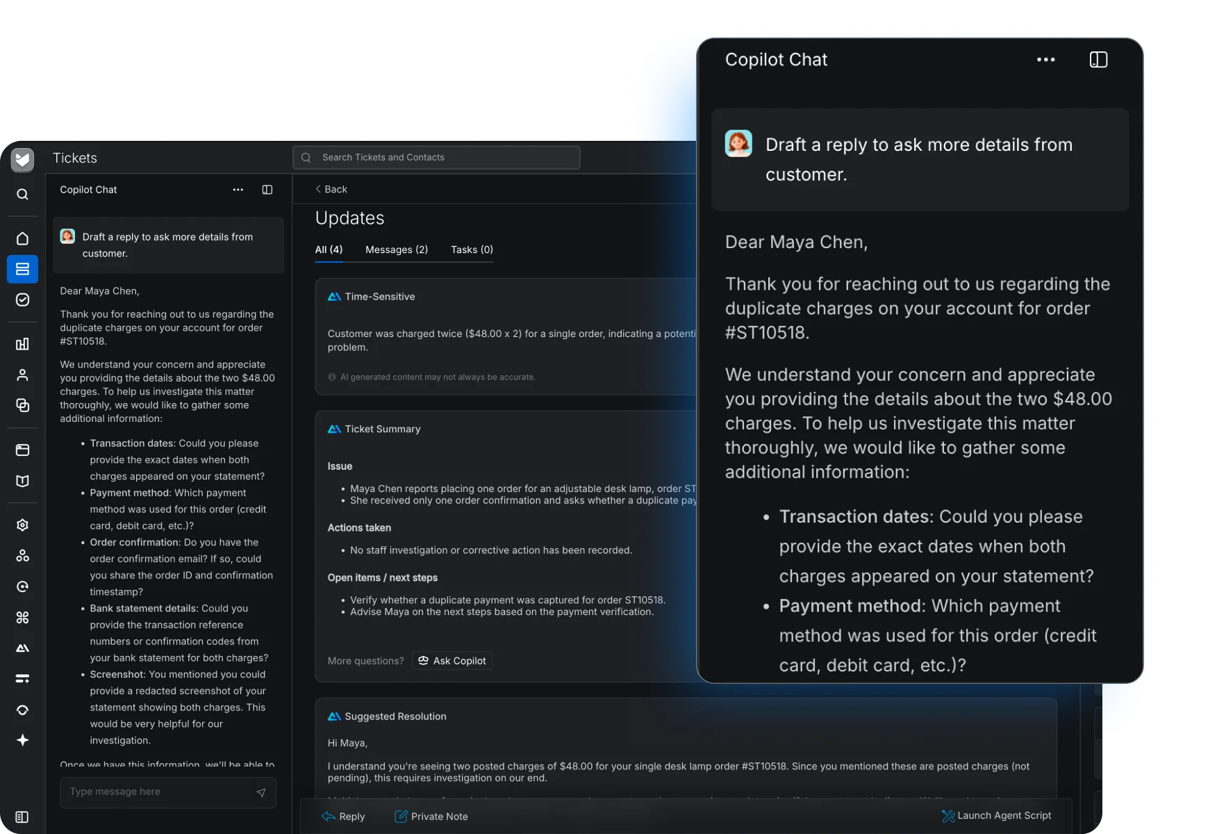 HappyFox AI Copilot drafting a support reply within a ticket