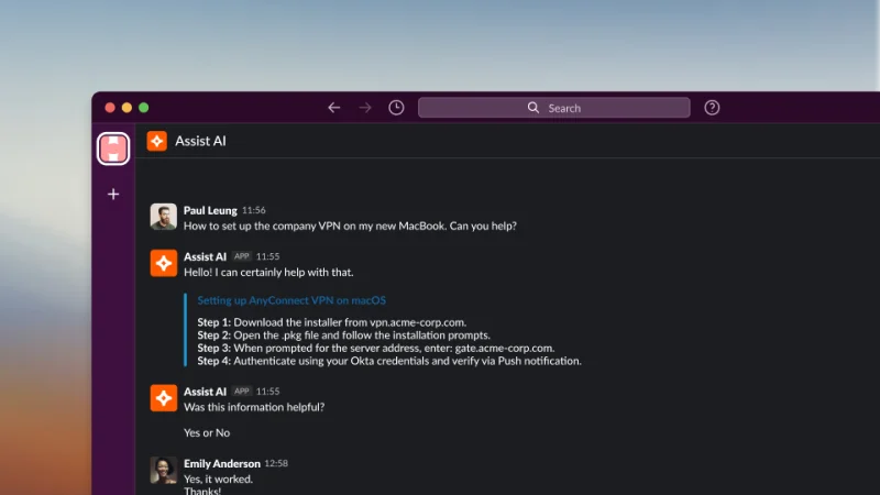 HappyFox Assist AI answering an employee support request in Slack