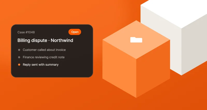 Illustrated billing-dispute case with status, account context, and resolution steps.