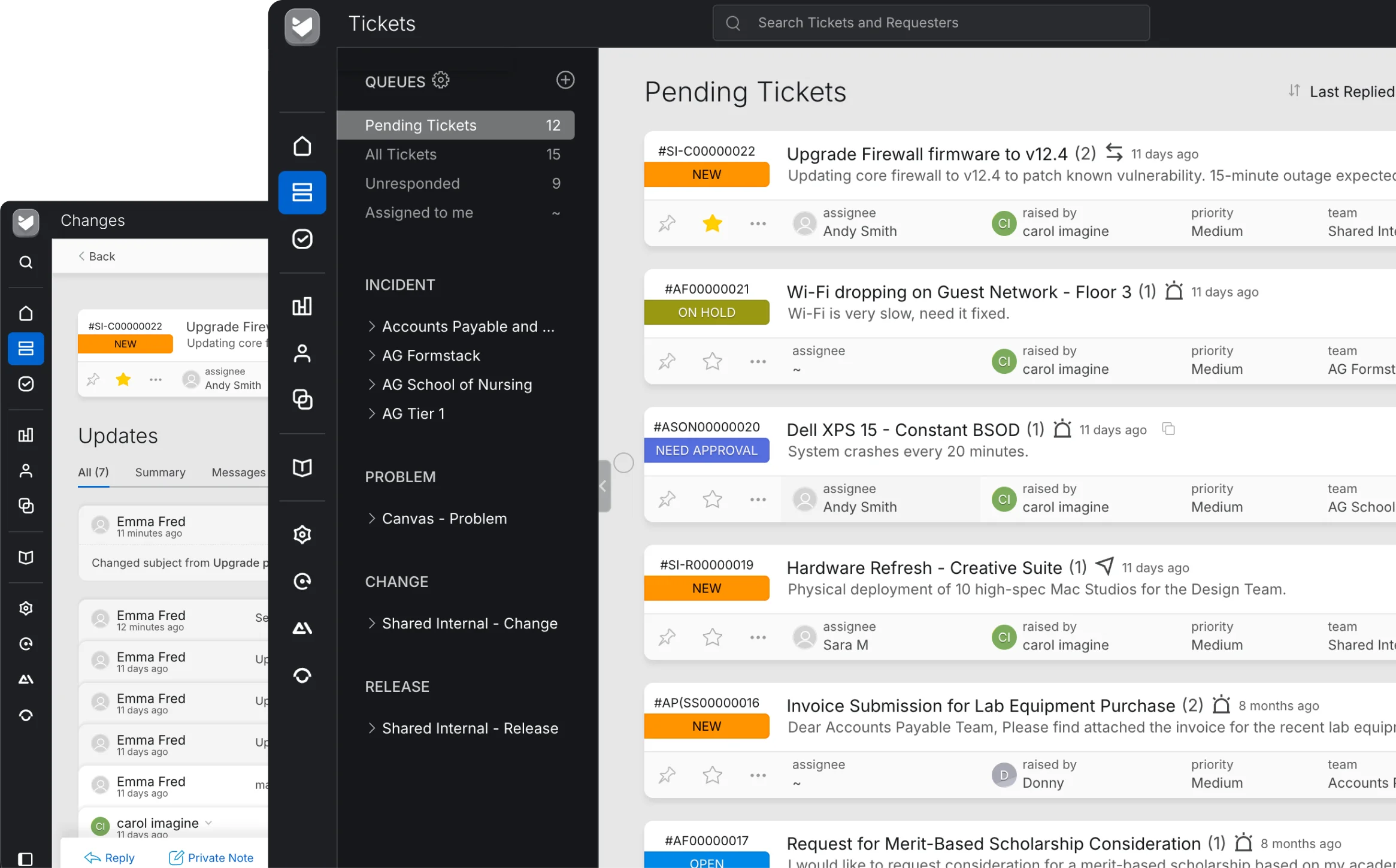 HappyFox Service Desk comprehensive ITSM workspace with ticket queues and updates