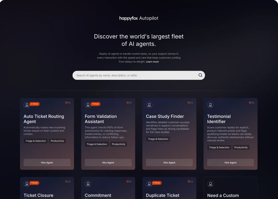 HappyFox Autopilot agent catalog with search and available AI agent cards